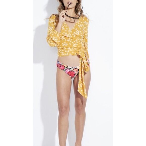 BILLABONG Love Wrapped Crop Top Sz L Yellow Floral Peasant Long Sleeve Tie Waist - Picture 5 of 14